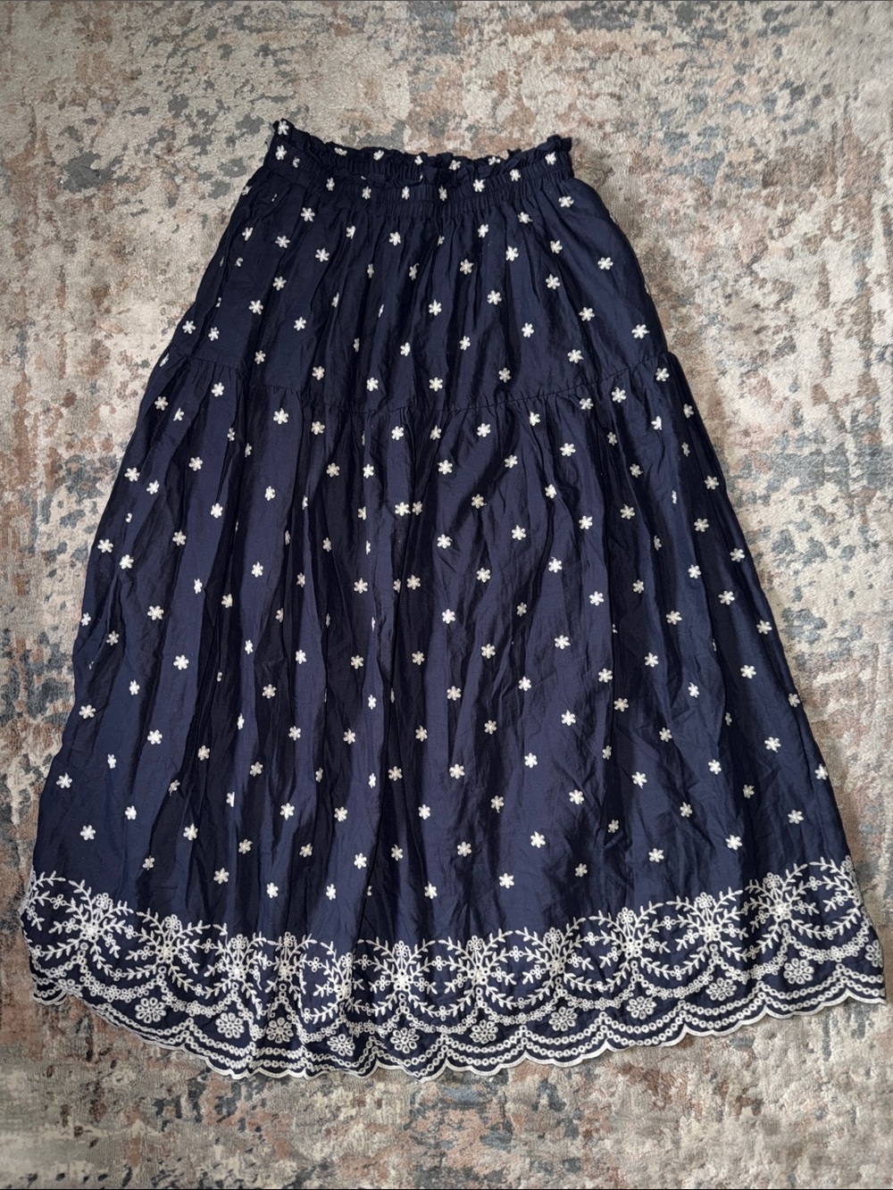 Anthropologie Navy Blue A-Line Maxi Skirt with White Embroidery